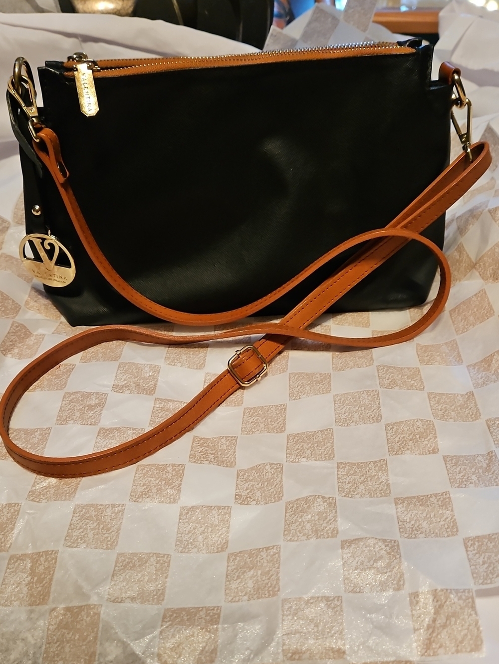 Valentina Italian Black Leather Convertible Crossbody Bag Wristlet Set